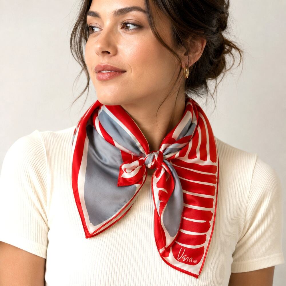 Vintage 1970s Vera Neumann Abstract Silk Rayon Square Scarf Red Gray Japan 23”